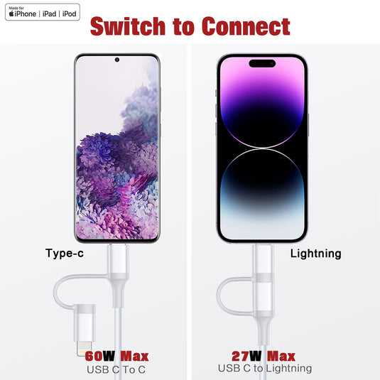 4XEM 2 in 1 3ft USB-C to USB-C + Lightning Cable