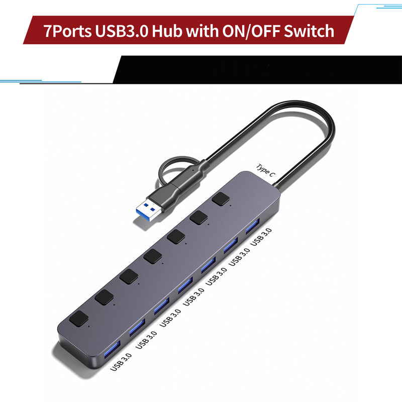 Load image into Gallery viewer, 4XEM 7-port USB-A 3.0 Hub with USB-A and USB-C connection
