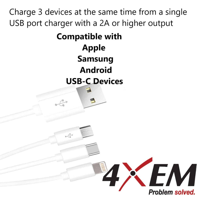 Load image into Gallery viewer, 4XEM 3 in 1 multi function fast charging cable for Apple, Android and USB-C interface.
