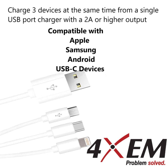 4XEM 3 in 1 multi function fast charging cable for Apple, Android and USB-C interface.