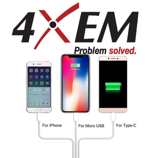 4XEM 3 in 1 multi function fast charging cable for Apple, Android and USB-C interface.