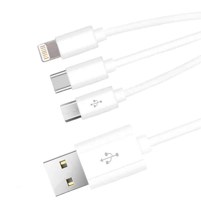 4XEM 3 in 1 multi function fast charging cable for Apple, Android and USB-C interface.